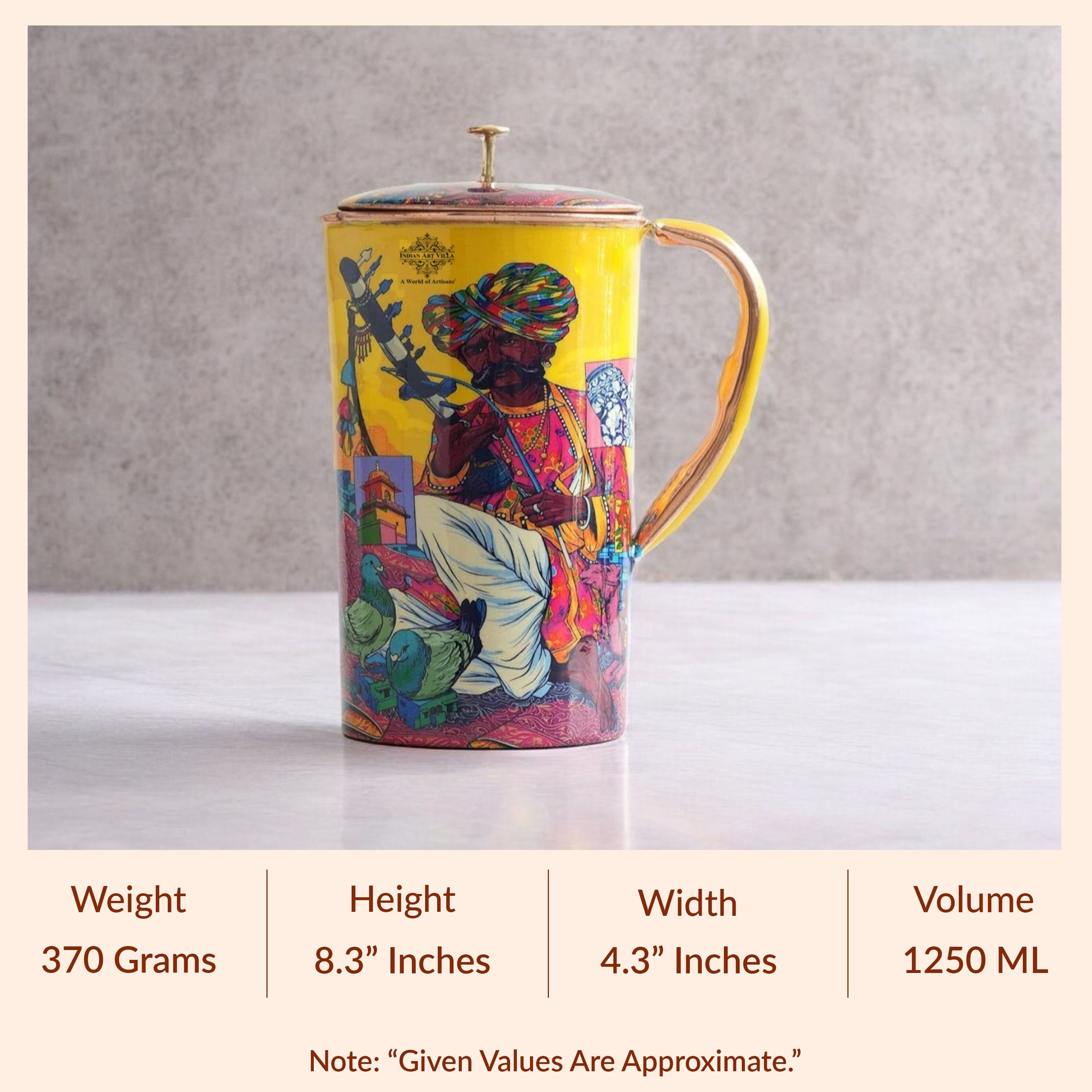 Pure copper printed jug padharo mhare desh design rajsthanimusician, 1500 ML